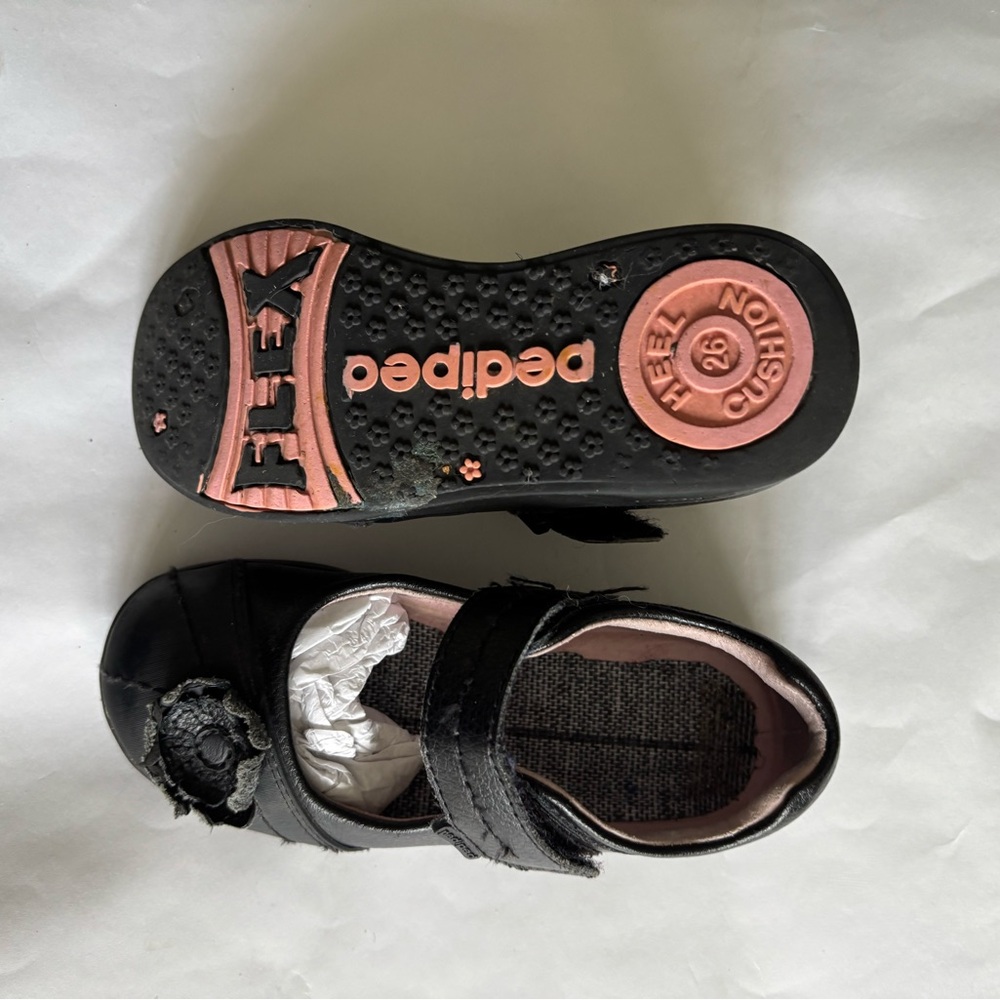 Pediped Black Leather Mary Jane Shoes with Floral Detail